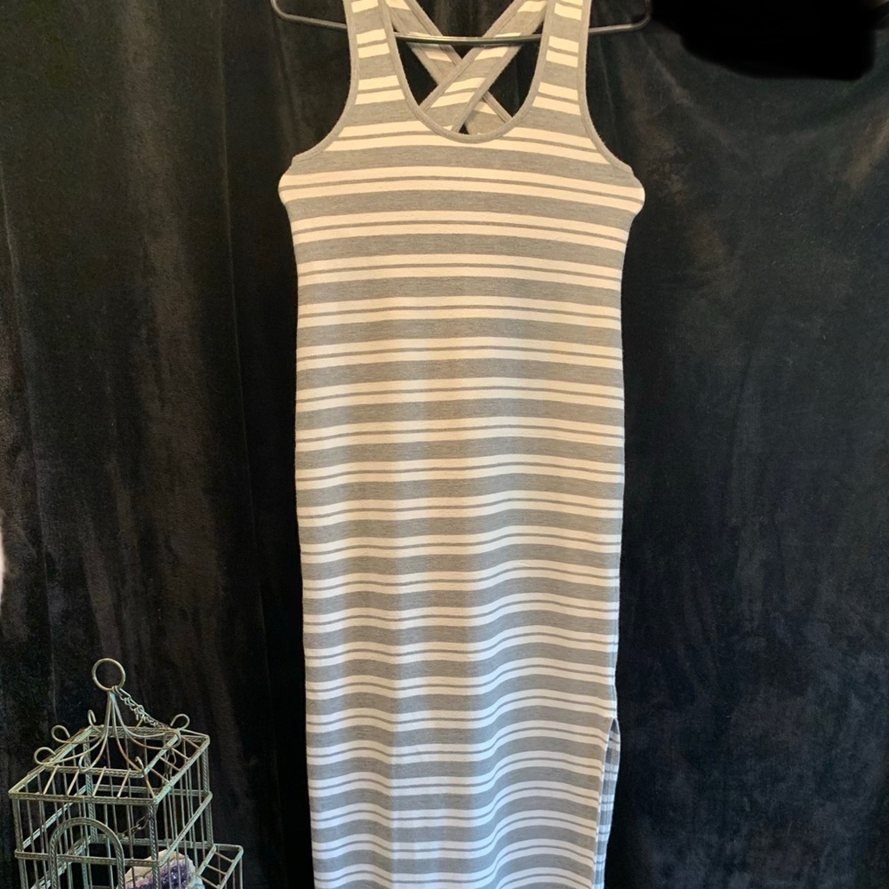 Loft Horizontal Striped Maxi Dress Cross Keyhole Back Side Slit